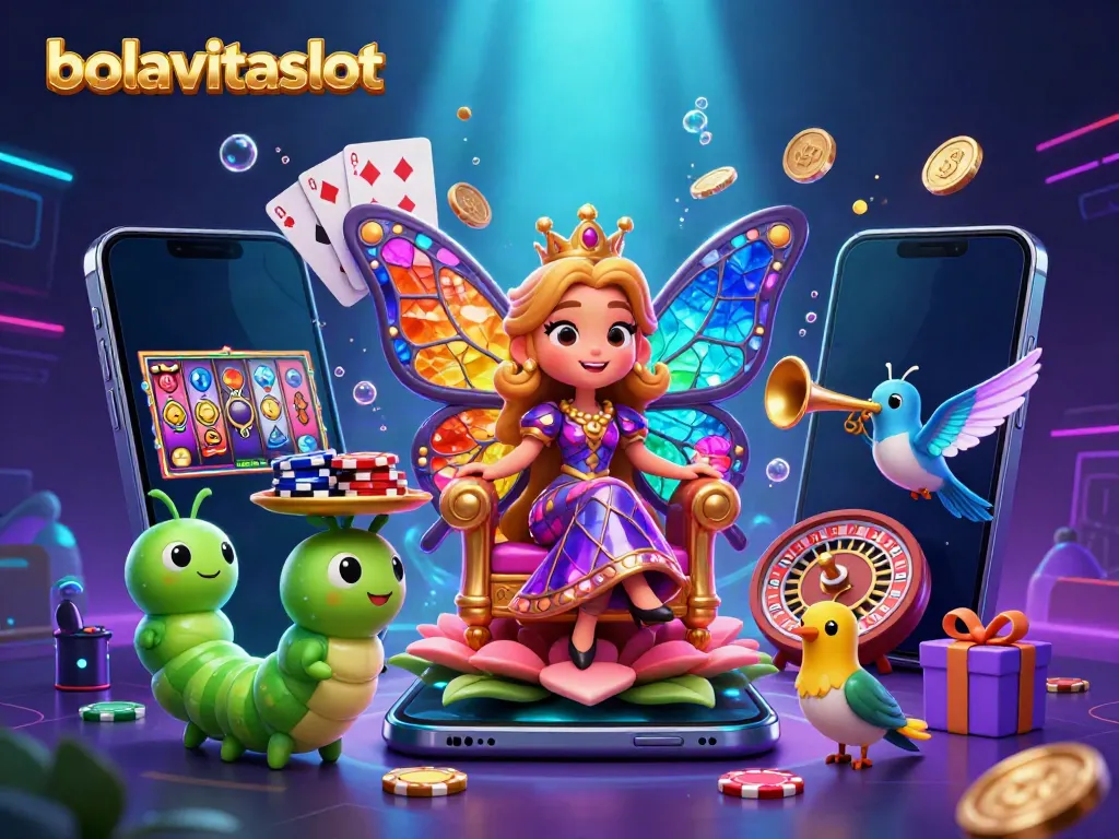 Immerse in the vibrant world of bolavitaslot with a cartoon butterfly queen, vibrant games, and sparkling chips.