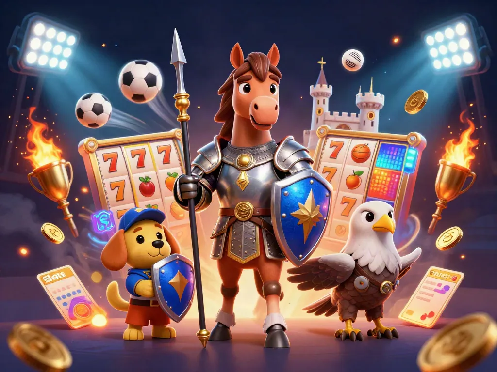 Engage with dynamic slots action featuring a knight, puppy, and falcon amidst flying reels and symbols.