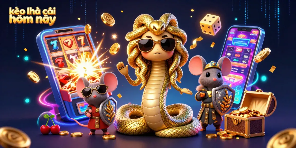Experience kèo nhà cái hôm nay in stunning 3D illustration featuring Medusa and a warrior mouse amidst casino elements.