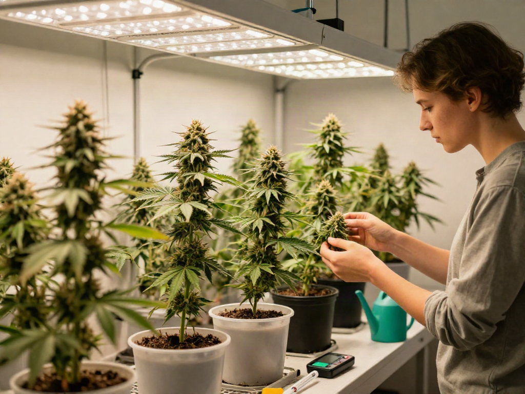 Healthily cultivated feminised seed genetics under vibrant LED lights