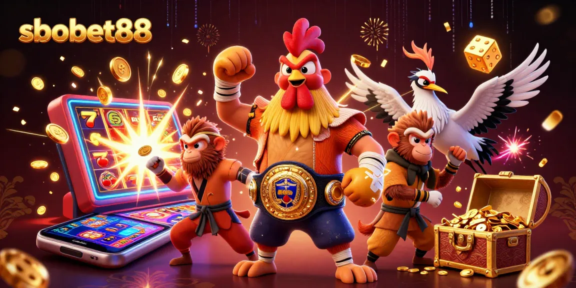 Engage in thrilling sbobet88 gameplay with vibrant characters and a jackpot explosion.