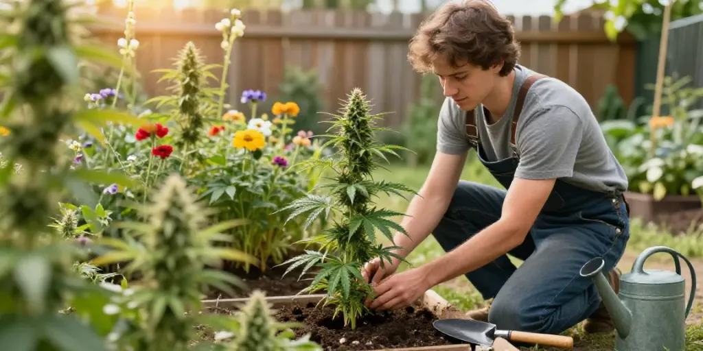 Autoflower Samen kaufen: Ein Gärtner pflegt gesunde Cannabis Pflanzen in einem zauberhaften Garten.