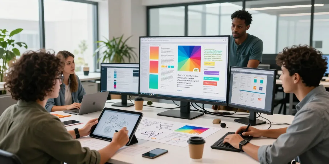 Team collaboration using mixboard ai on a colorful digital canvas in a modern office.
