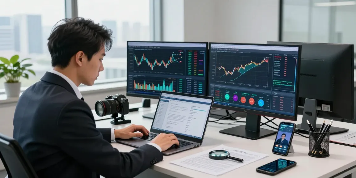 Investigative professional engaged in asset tracing analysis with data visualizations and financial documents.
