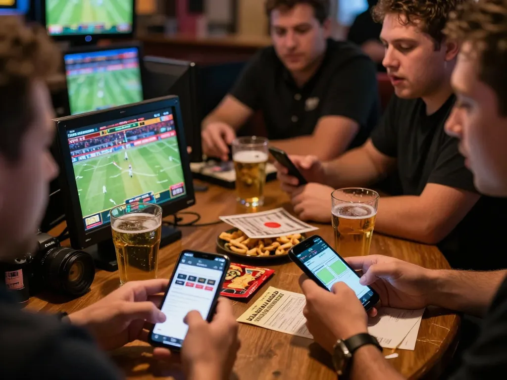 Engaging scene of sports fans actively placing bets with kèo nhà cái hôm nay on their phones in a lively sports bar