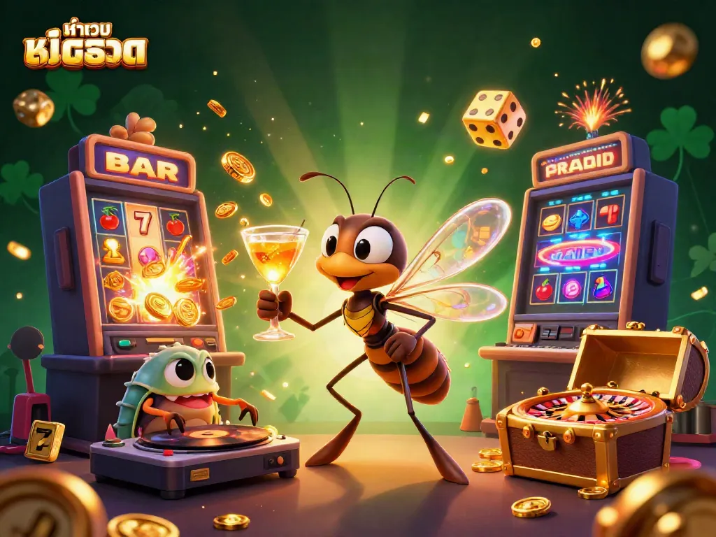 Experience the excitement of หน้าเว็บสล็อต with a dynamic casino scene featuring unique characters and vibrant game elements.