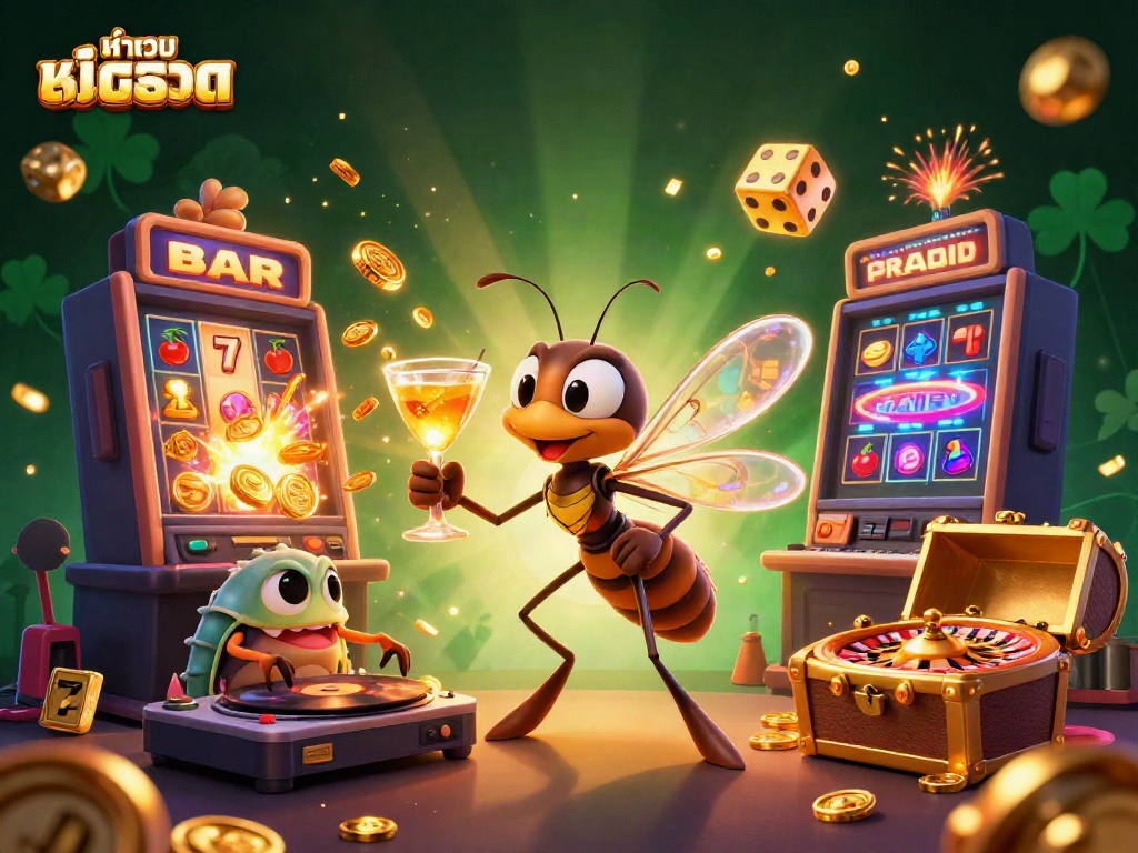 Experience the excitement of หน้าเว็บสล็อต with a dynamic casino scene featuring unique characters and vibrant game elements.