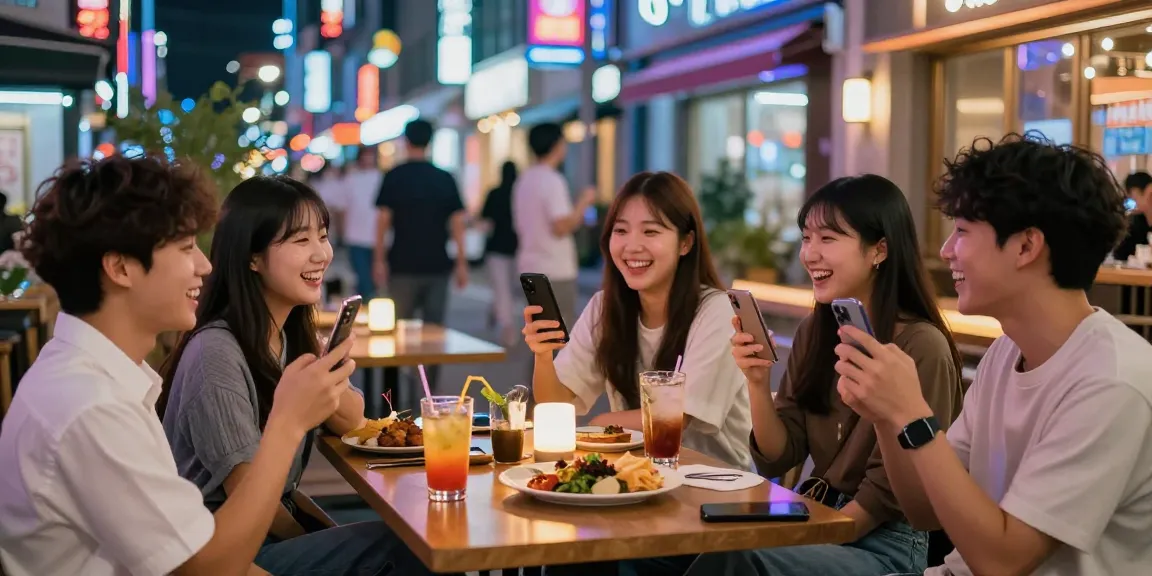 강남의 퀸알바를 즐기는 젊은이들이 있는 밤의 활기 넘치는 장면