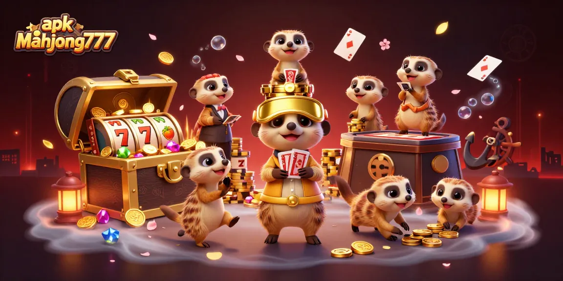 Play and win at apk mahjong777 with an exciting casino scene featuring meerkats and dynamic game elements.