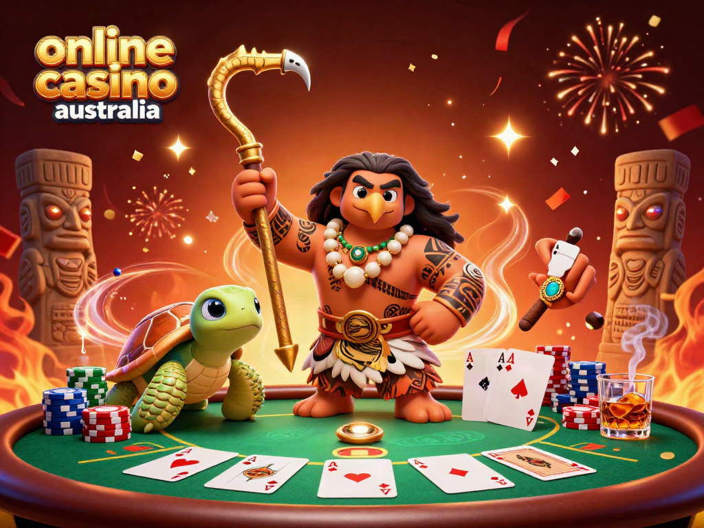 Experience the thrill of the online casino Australia with a vibrant 3D scene showcasing poker excitement.
