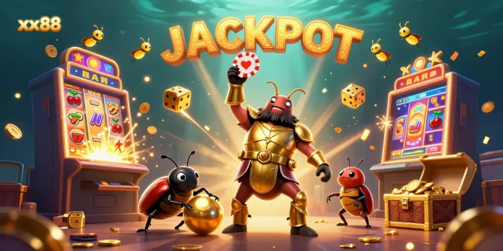 Experience the excitement of xx88 with a vibrant 3D cartoon scene featuring a hercules beetle celebrating a jackpot.