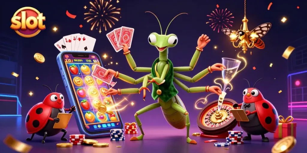 Menggenggam slot gacor, karakter unik memainkan kartu sambil dikelilingi koin emas dan permainan slot interaktif.
