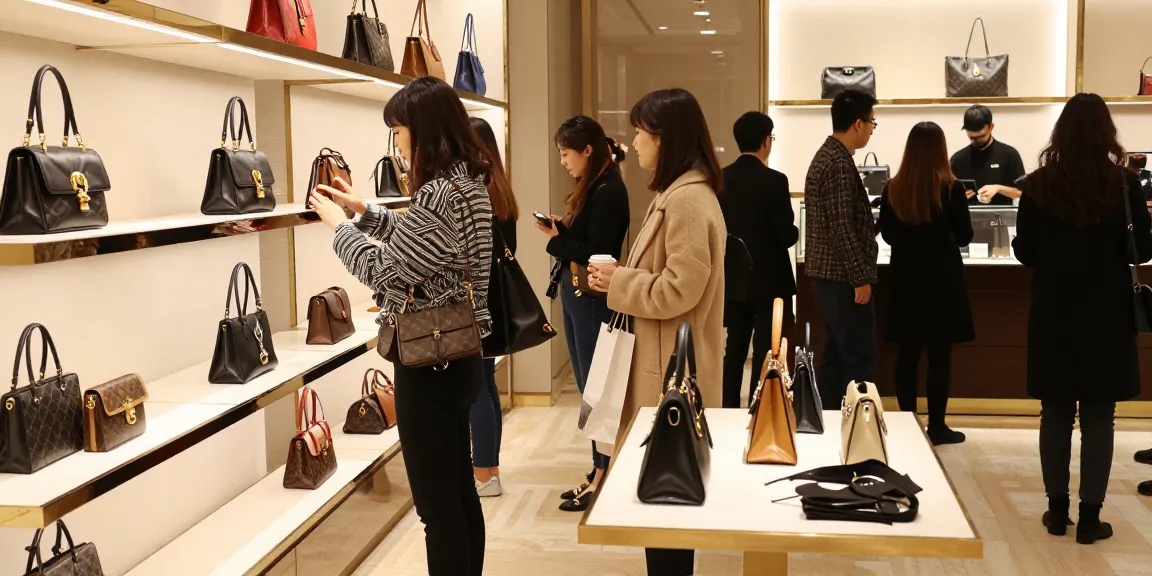 Shopping for high-quality 레플리카 products in a trendy store, capturing stylish urban lifestyle.