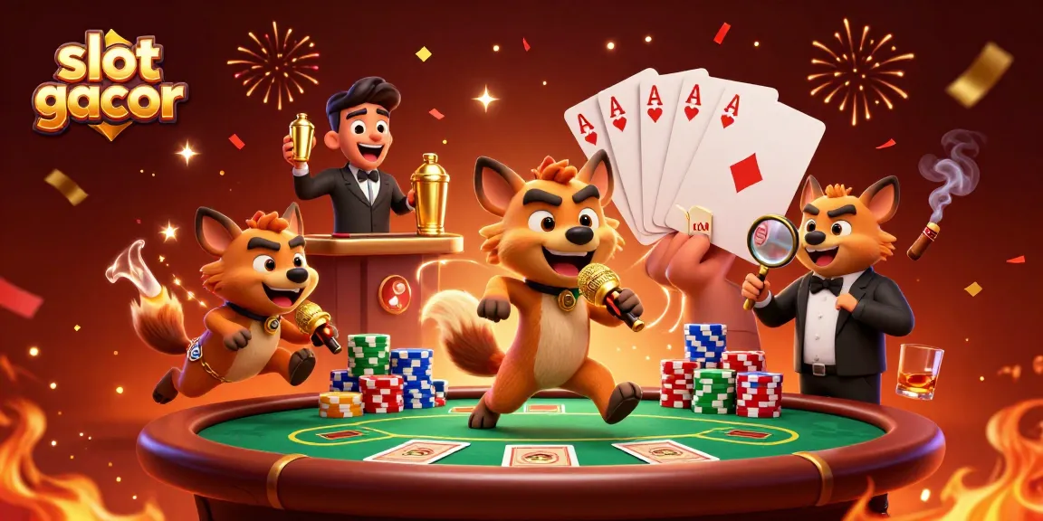 Experience slot gacor at a lively casino club with humorous hyenas and vibrant gambling elements.