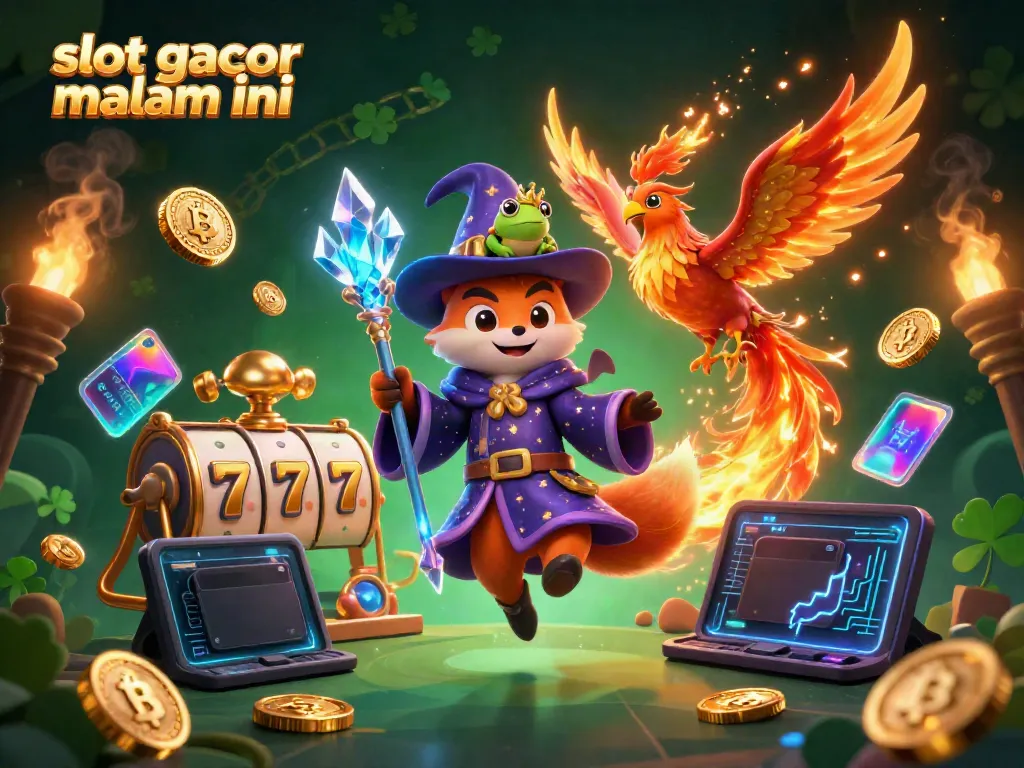 Slot gacor malam ini menampilkan ilustrasi 3D kartun dengan penyihir rubah, phoenix, dan elemen slot yang menarik.