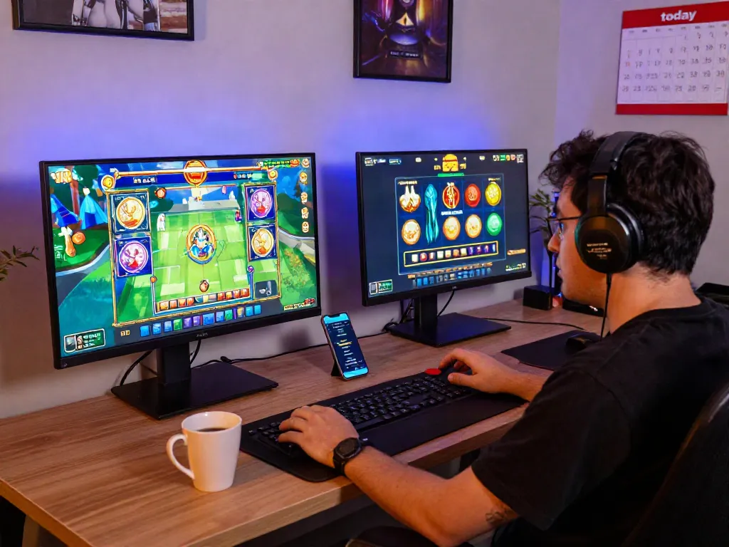 Player engaging with slot gacor hari ini on multiple screens in a vibrant gaming setup.