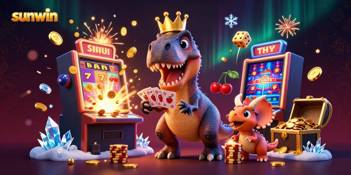 Experience the excitement of sunwin with cartoon dinosaurs playing cards and stacking chips in a vibrant casino scene.