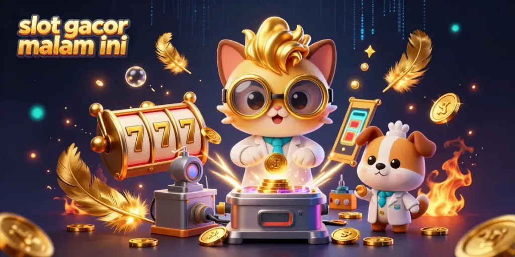 Visualisasi slot gacor malam ini dengan ilustrasi kucing ilmuwan yang menciptakan mesin koin dalam lab.