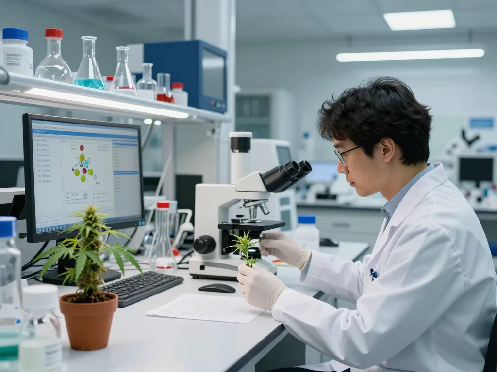 Cannabinoid manufacturer Europe in a modern lab setting with scientists analyzing cannabis samples and data.