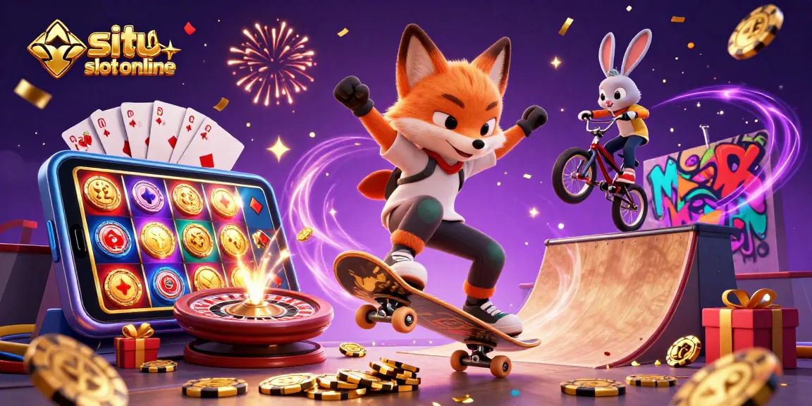Permainan slot online dengan karakter kartun di latar kasino yang penuh warna.