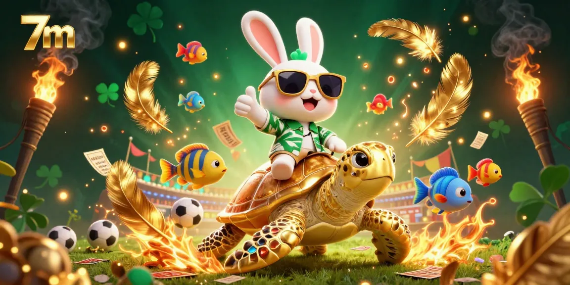 Betting on 7m: A lucky rabbit riding a golden turtle surrounded by vibrant sports elements.