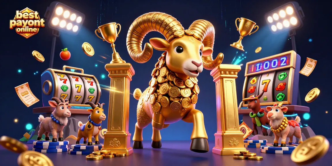 Dynamic scene featuring the best payout casinos online with a golden ram, slot reels, and gaming elements