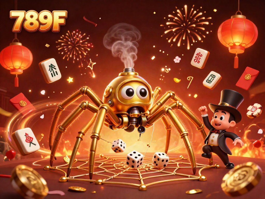 Engage in thrilling gaming at 789F with a vibrant scene showcasing a steampunk spider and games.