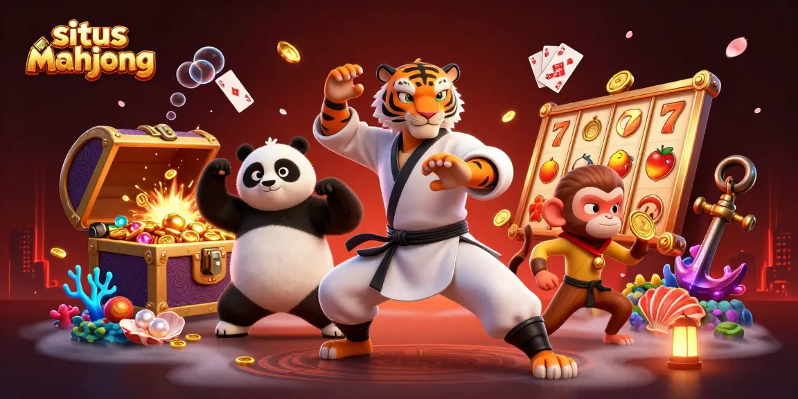 Experience excitement with situs mahjong featuring a kung fu tiger, panda, and monkey in a vibrant casino scene.