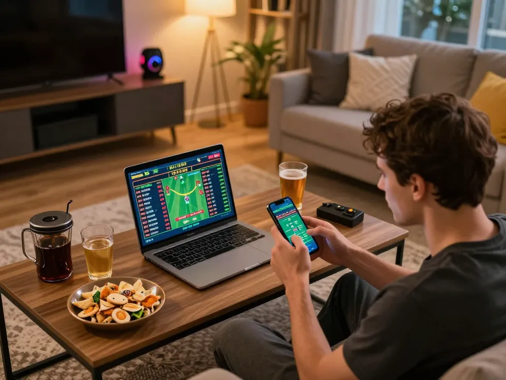 Engaging in sports betting with USBET app on smartphone, showing excitement in modern home setup.
