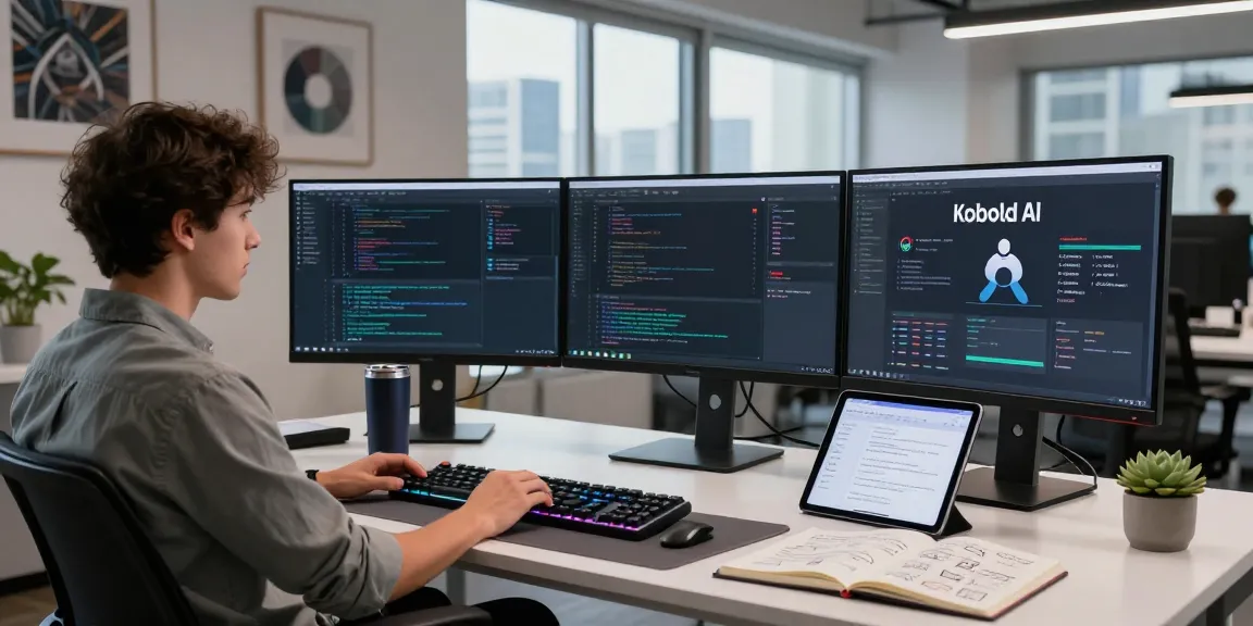 Developer using koboldai in an advanced tech workspace with multiple monitors and interactive software.