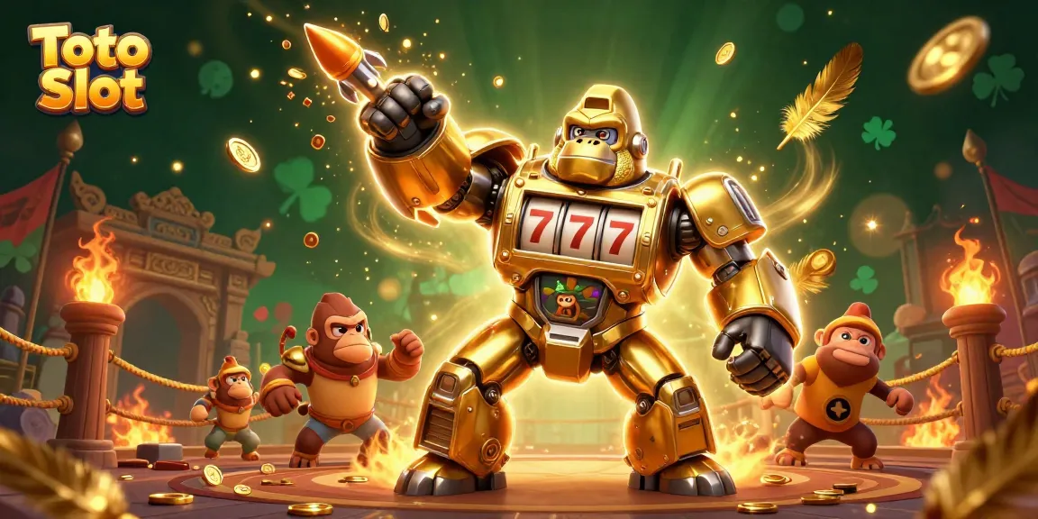 Engage with the Toto Slot adventure featuring dynamic 3D characters in an energetic gambling arena with vibrant visuals.