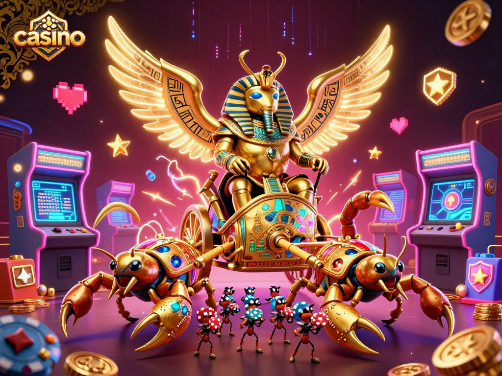 Engage in thrilling casino action with a dazzling golden scarab beetle and scorpions in an electrifying setting.
