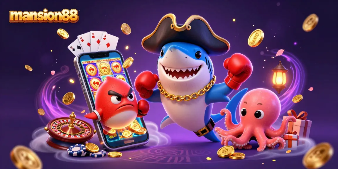 Experience the excitement at mansion88 with thrilling casino games and vibrant characters in a lively, colorful illustration.