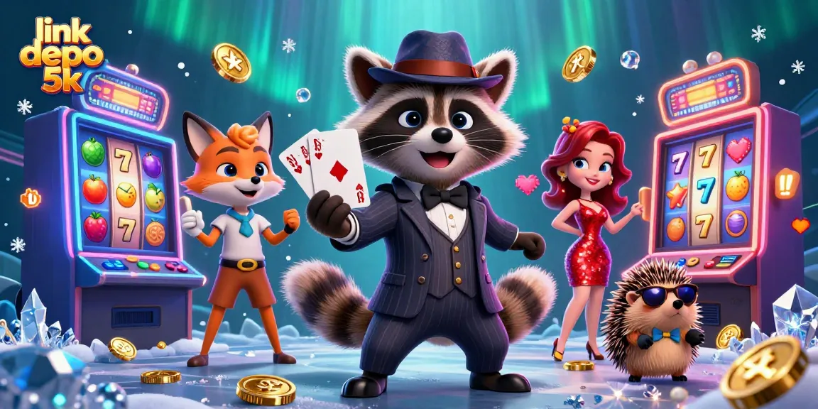 Experience the thrills of link depo 5k with a charming raccoon and fox in a vibrant casino scene.