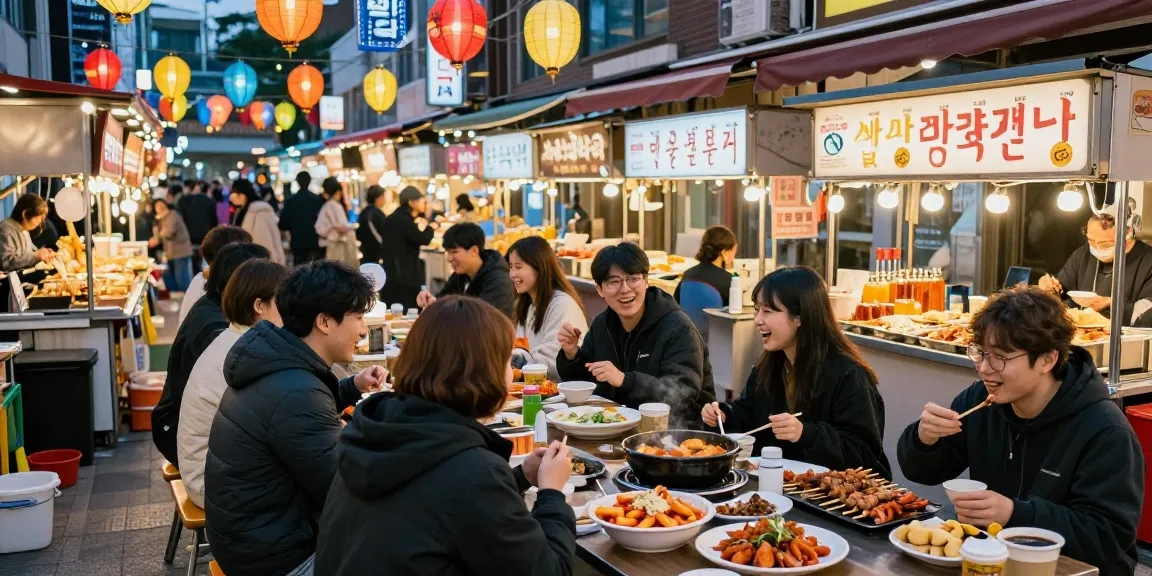 Vibrant nightlife at 상봉동 한국관나이트 with friends enjoying lively street food