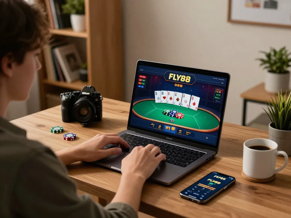 Player engages in immersive FLY88 online gaming, strategically betting on poker in a stylish home office.