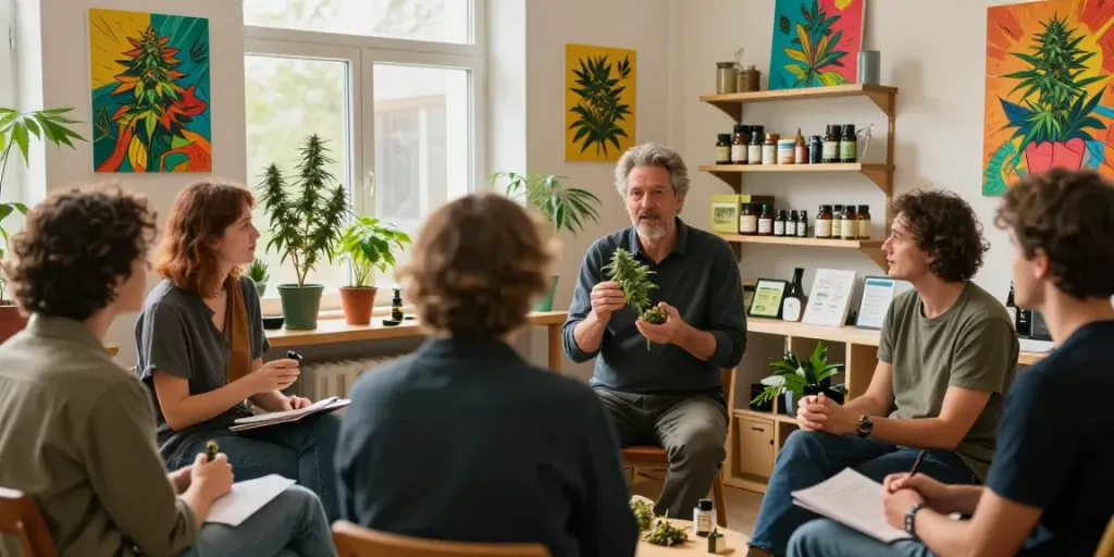 Community gathering discussing cannabis kleve benefits in a social club atmosphere