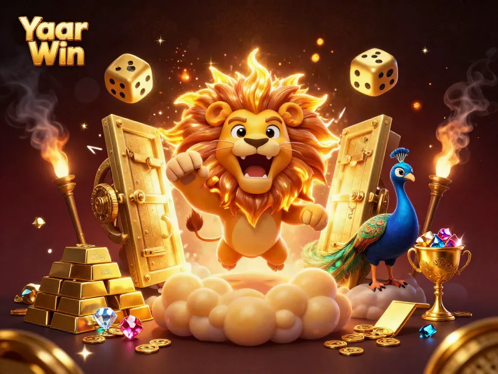 Experience the thrill of Yaar Win, featuring a sun lion, golden dice, and treasures in a vibrant casino scene.