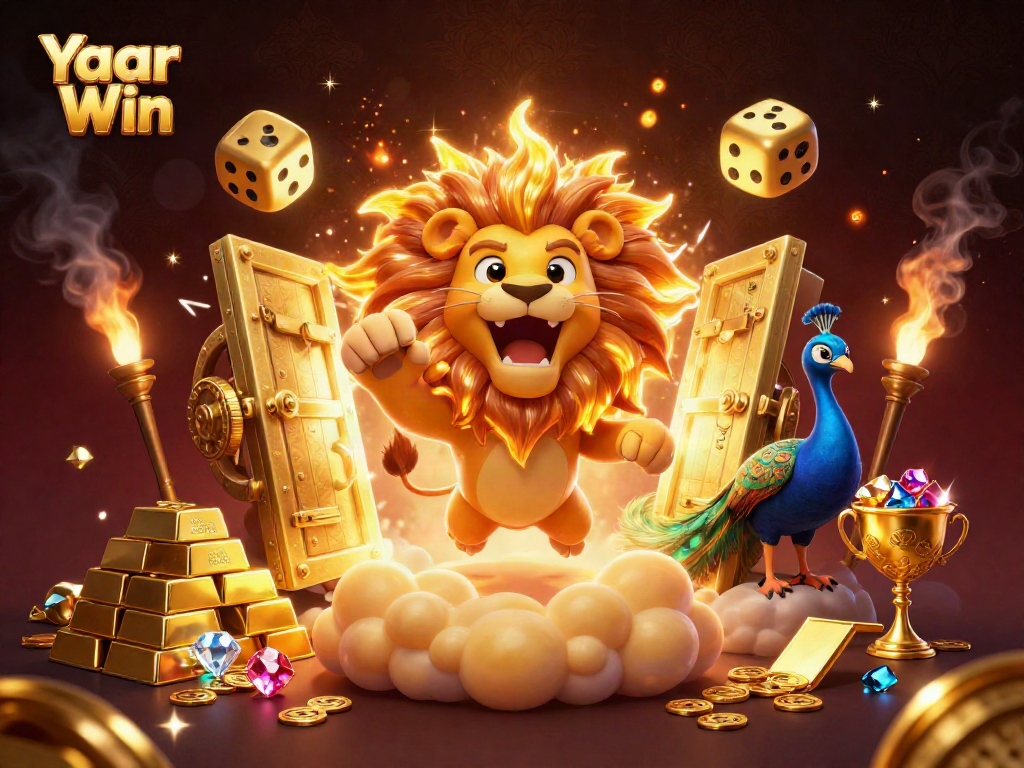 Experience the thrill of Yaar Win, featuring a sun lion, golden dice, and treasures in a vibrant casino scene.