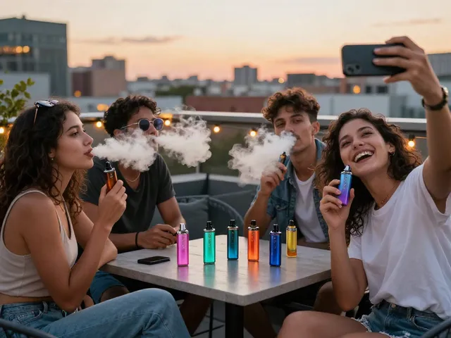 Friends enjoying Hitz infinity Gen 7 disposable vapes on a rooftop at sunset, showcasing social vaping culture.