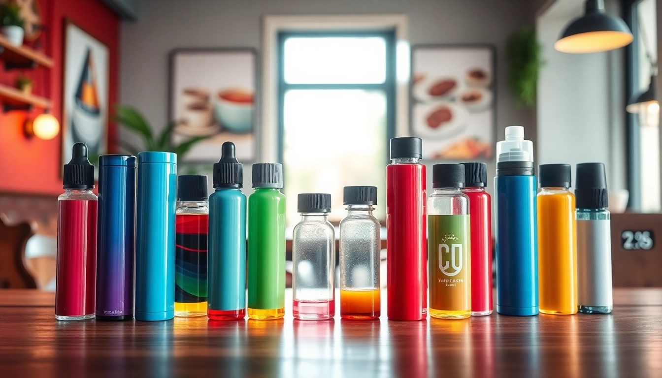 Explore a colorful display of various vape & e-liquids with sleek designs in a cozy café setting.