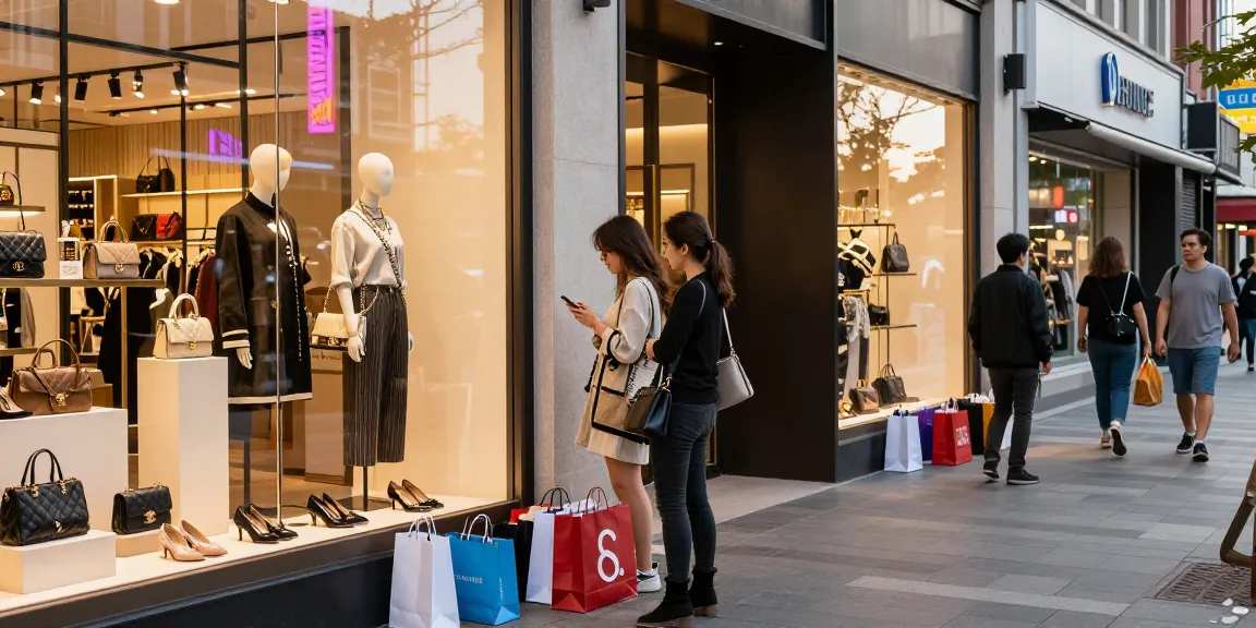 Exciting urban scene of a shopper at a 레플리카 쇼핑몰, showcasing luxury replicas with a stylish outfit and vibrant city atmosphere.