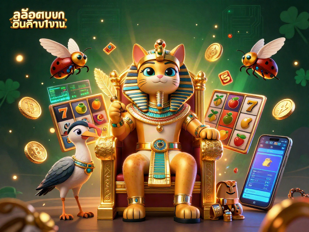 Experience the excitement of สล็อตฝากขั้นต่ำ1บาท with vibrant slot reels and a dazzling pharaoh cat scene.
