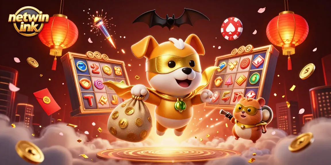 Engage in thrilling gambling with netwin ink featuring a superhero dog flying with gold coins amidst vibrant slots.