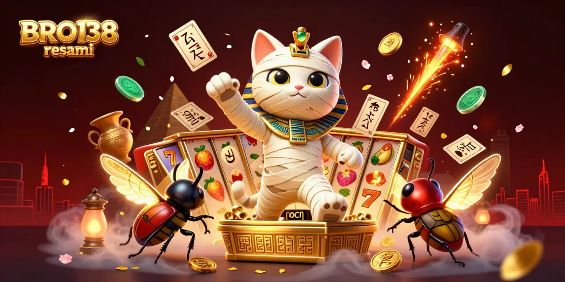 Spin and win at BRO138 resmi, featuring a mummy cat, slot reels, and dynamic casino elements.