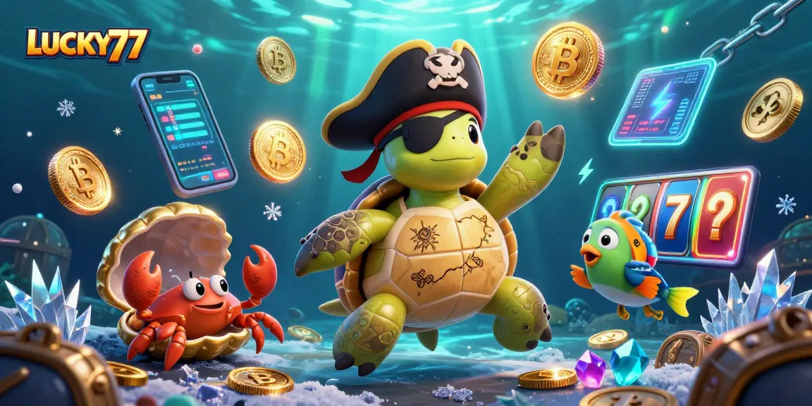 Spin the reels with LUCKY77 surrounded by vibrant treasures in this 3D casino fantasy.
