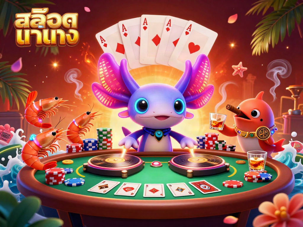 Spin the reels with the vibrant 3D scene featuring สล็อตแท้ตรง with lively characters and poker elements.