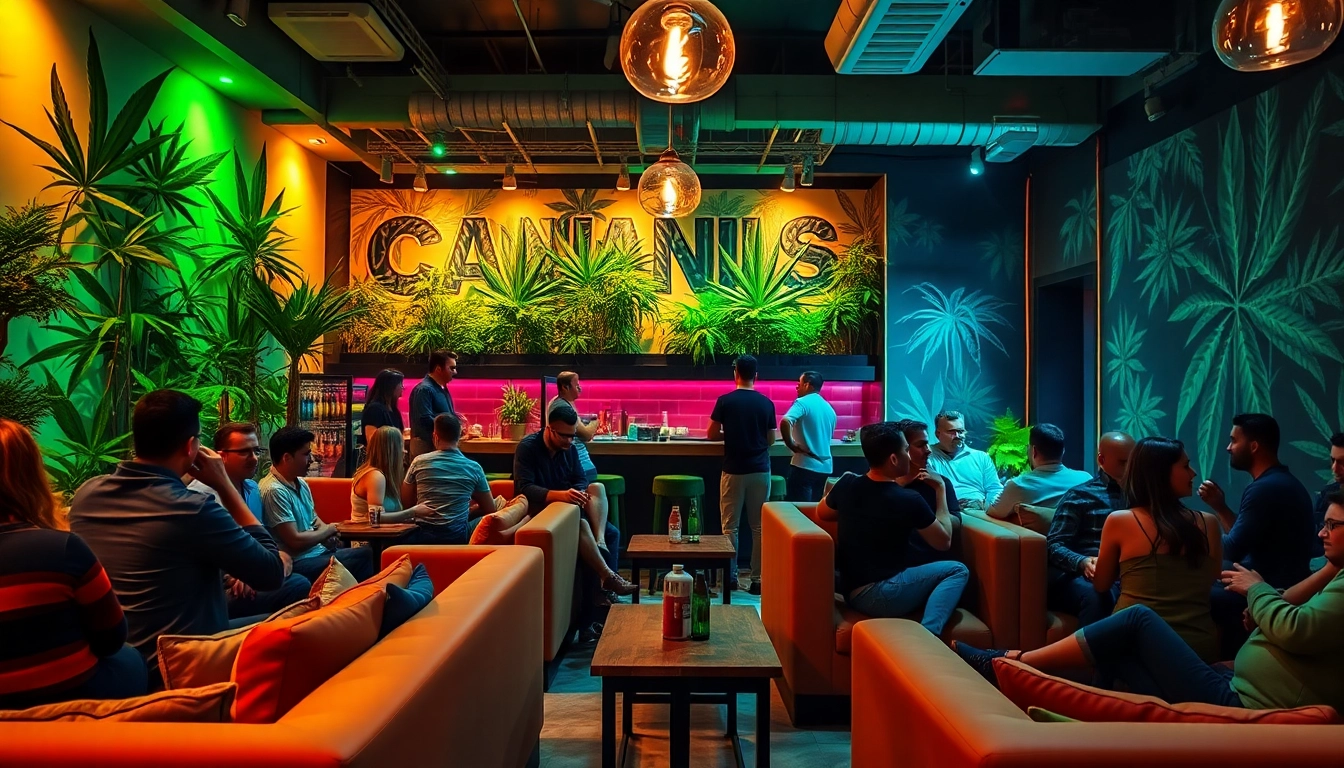 Join the vibrant community at a weed club Madrid with diverse individuals in a stylish lounge.