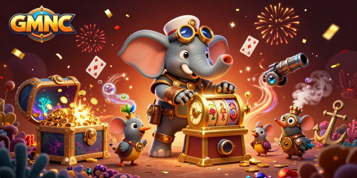 Engage with GMNC's dynamic casino adventure featuring a steampunk elephant and vibrant elements.