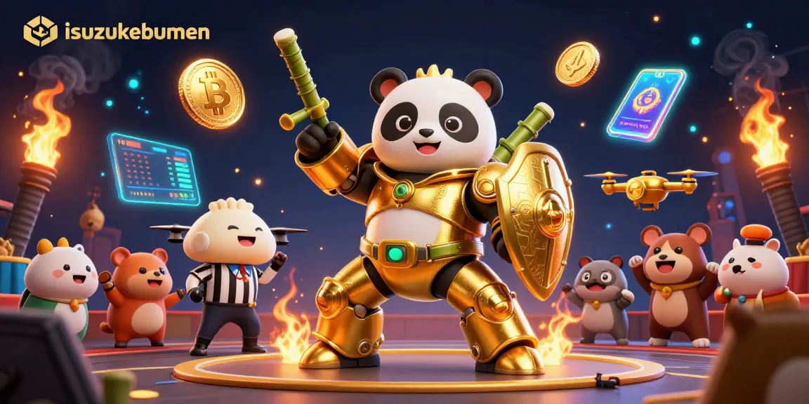 Engage in thrilling battles with isuzukebumen's golden panda robot amidst a crypto arena.